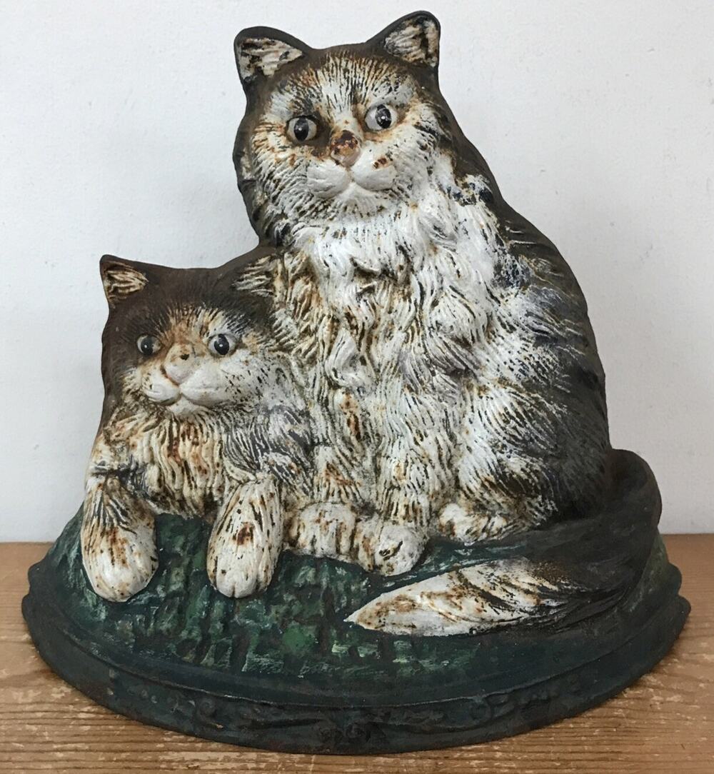 Vtg Antique Cast Iron Painted Cats Kitties Kittens Door Stop Farmhouse Decor